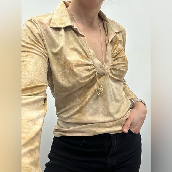 Vintage Y2K 90s Ruched Collared Polo Beige Tie Dye Long Sleeve Top Size M - Picture 2 of 8